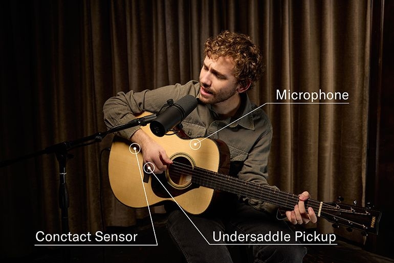 Guitarist Cayden Wemple plays the FS9 MX in the recording studio. The image is to introduces where the three pickups used for the Atmosfeel are placed. A micophone is on the upper left of the guitar body, an undersaddle piezo pickup is under the saddle, and a contact sensor is on the lower-left side of the bridge.