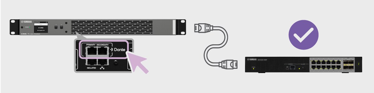 Yamaha Switch connected to Yamaha audio devices with automatic Dante settings optimization of the switch.