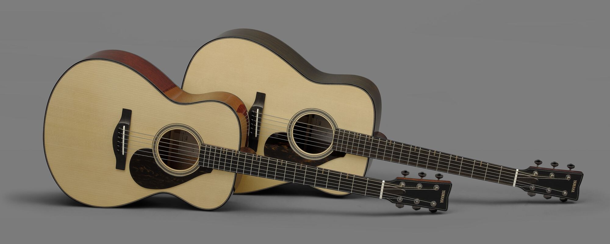 A FG9 guitar and a FS9 guitar facing front, one behind the other, propped on their sides on the floor. The FS9 is in front, showing its slightly smaller concert-style body against the larger dreadnought-style FG9.