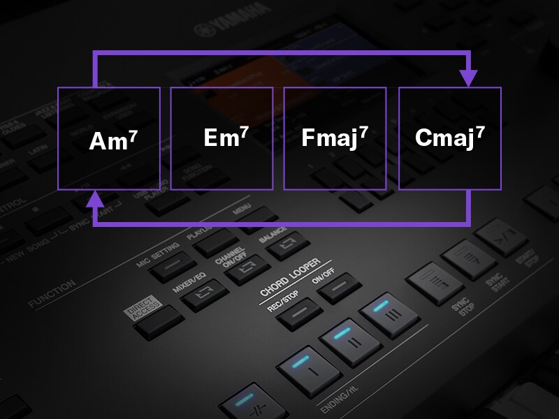 Illustration der Chord-Looper-Funktion, die eine Akkordfolge auf einem PSR-SX620 in Schleife abspielt.