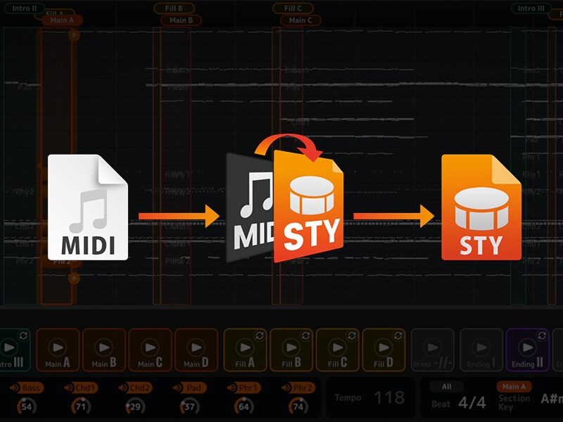 Bildschirm der „MIDI Song to Style“-App.