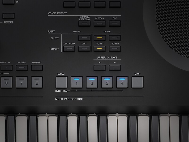 Nahaufnahme der PSR-SX620-Multi-Pads, mit denen Phrasen, Patterns und Loops getriggert werden.