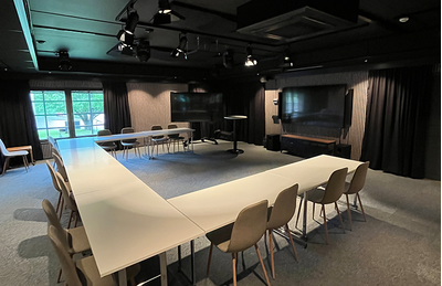 Gothenburg training facility with a large conference table, ceiling speakers, and presentation system.