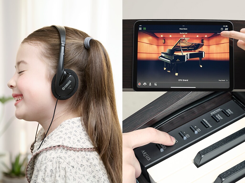 Üben am Digitalpiano mit Kopfhörern, Blick auf den Bildschirm der Smart Pianist App und Aufnahme über die integrierten Bedienelemente des Pianos.