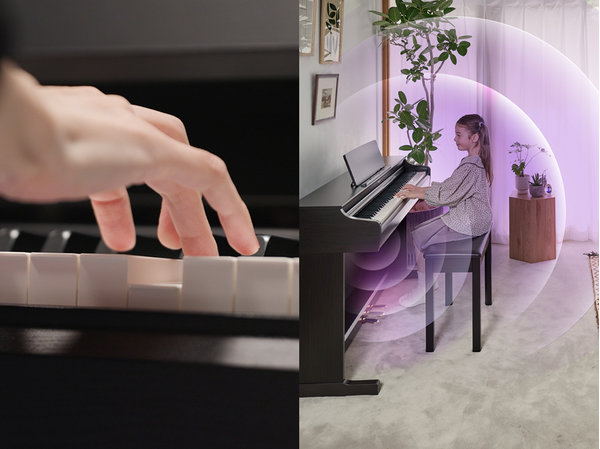 Der ausdrucksstarke Anschlag der neuen ARIUS Tastatur und Schallwellen, die von einem ARIUS Piano in einem Wohnzimmer ausgehen