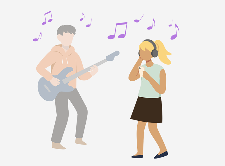 Eine Frau genießt es, den Klängen der einzelnen Instrumente aufmerksam zu lauschen, während sie deren Lautstärke in der Musikübungs-App Extrack anpasst.