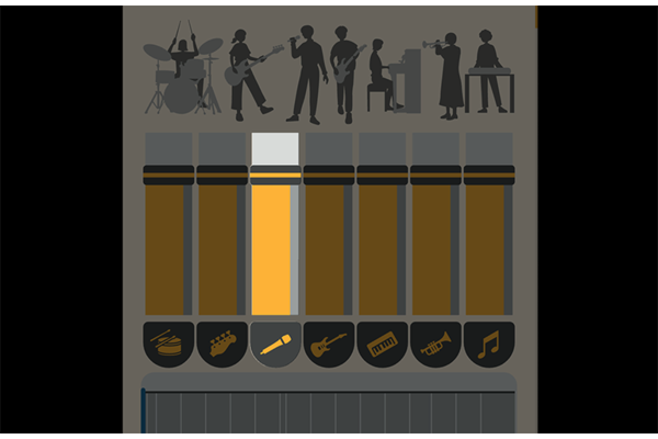 Ein Screenshot einer Audioquelle, die in verschiedene Teile unterteilt ist, wie z. B. Gitarren, Gesang, Schlagzeug, Bass, Klavier und Blasinstrumente.