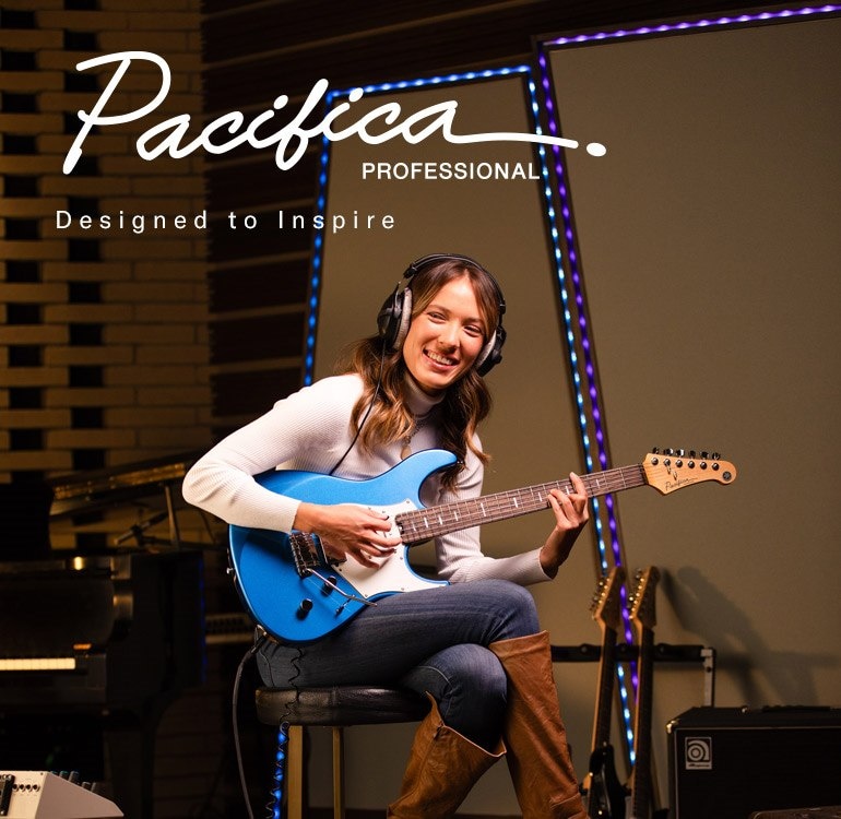 Pacifica professional logo & designed to inspire text. Female on stage performing with Sparkle Blue.