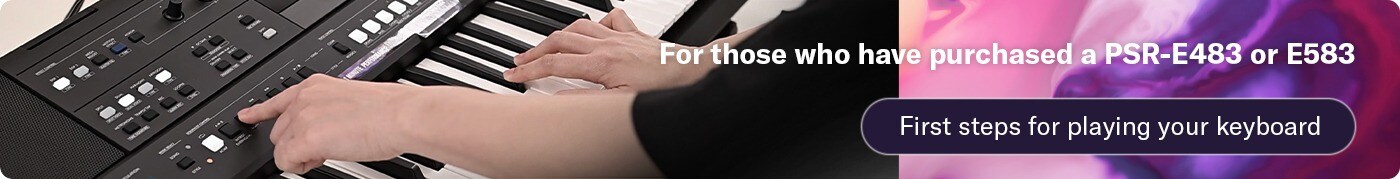 Das Banner der Willkommensseite für das Yamaha Keyboard PSR-E483 oder PSR-E583